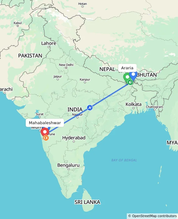 Route map showing distance and travel time from Araria, India to Mahabaleshwar, India