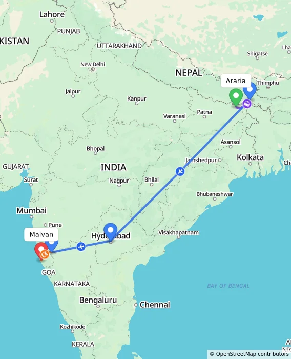 Route map showing distance and travel time from Araria, India to Malvan, India
