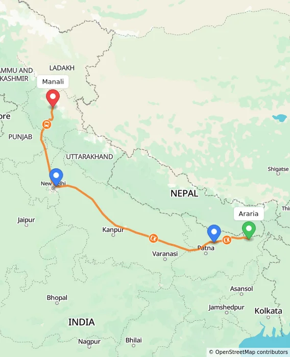 Route map showing distance and travel time from Araria, India to Manali, India