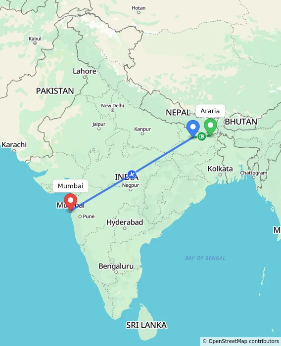 Route map showing distance and travel time from Araria, India to Mumbai, India