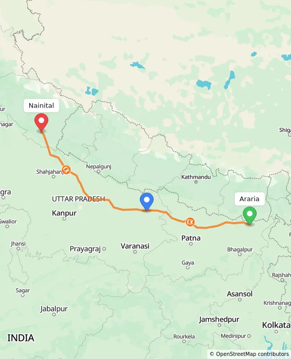 Route map showing distance and travel time from Araria, India to Nainital, India