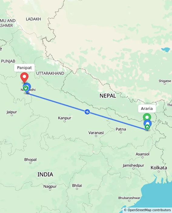 Route map showing distance and travel time from Araria, India to Panipat, India