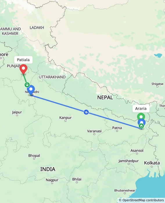 Route map showing distance and travel time from Araria, India to Patiala, India