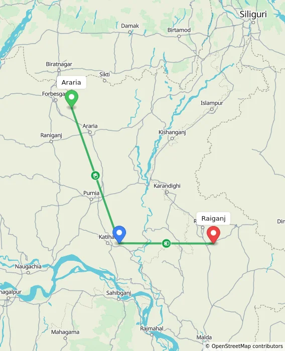 Route map showing distance and travel time from Araria, India to Raiganj, India