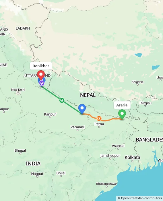 Route map showing distance and travel time from Araria, India to Ranikhet, India
