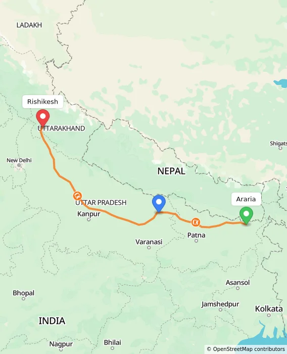 Route map showing distance and travel time from Araria, India to Rishikesh, India