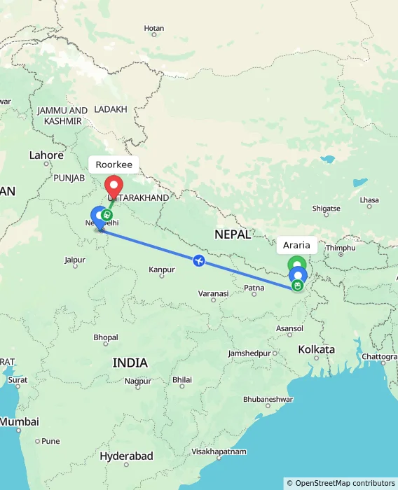 Route map showing distance and travel time from Araria, India to Roorkee, India