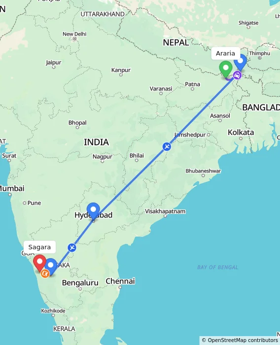 Route map showing distance and travel time from Araria, India to Sagara, India