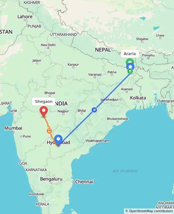 Route map showing distance and travel time from Araria, India to Shegaon, India