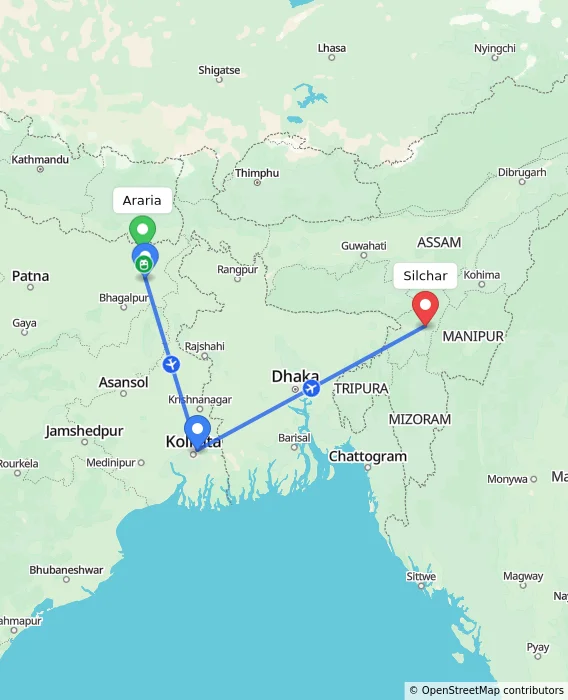 Route map showing distance and travel time from Araria, India to Silchar, India