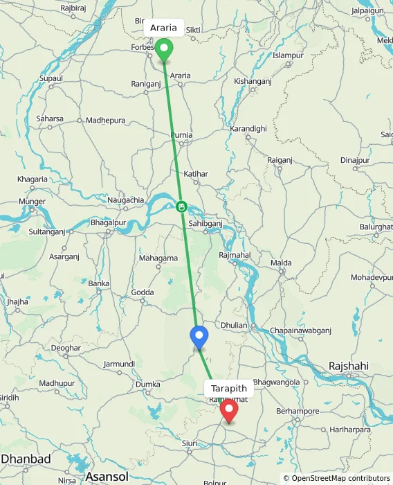 Route map showing distance and travel time from Araria, India to Tarapith, India