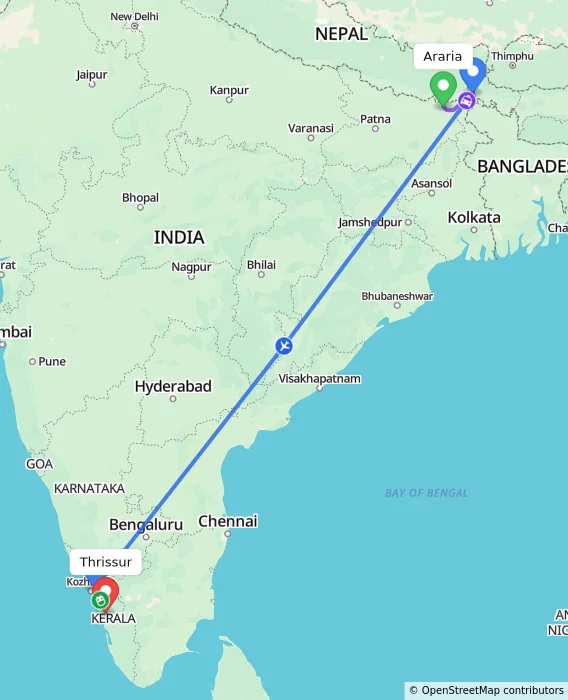 Route map showing distance and travel time from Araria, India to Thrissur, India
