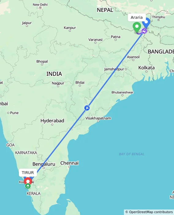 Route map showing distance and travel time from Araria, India to TIRUR, India
