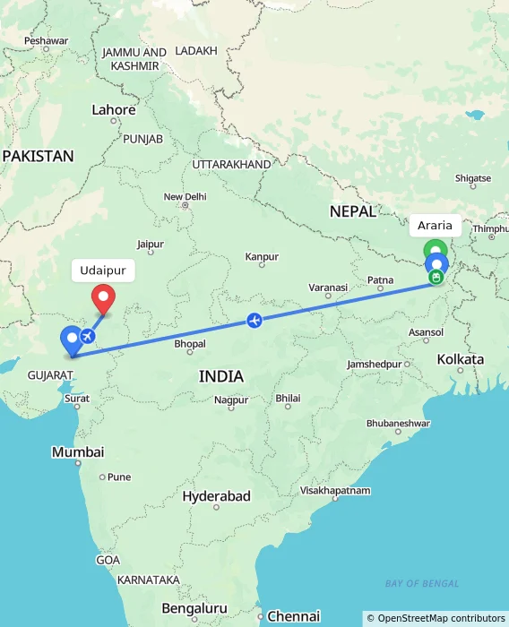 Route map showing distance and travel time from Araria, India to Udaipur, India