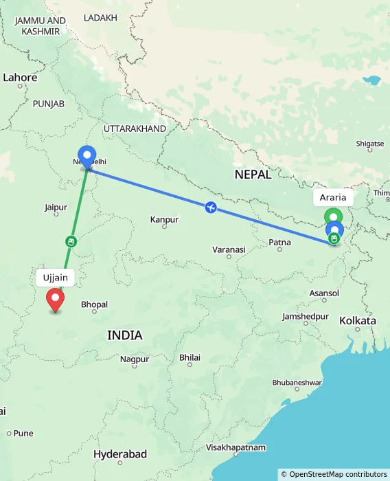 Route map showing distance and travel time from Araria, India to Ujjain, India