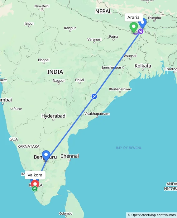 Route map showing distance and travel time from Araria, India to Vaikom, India