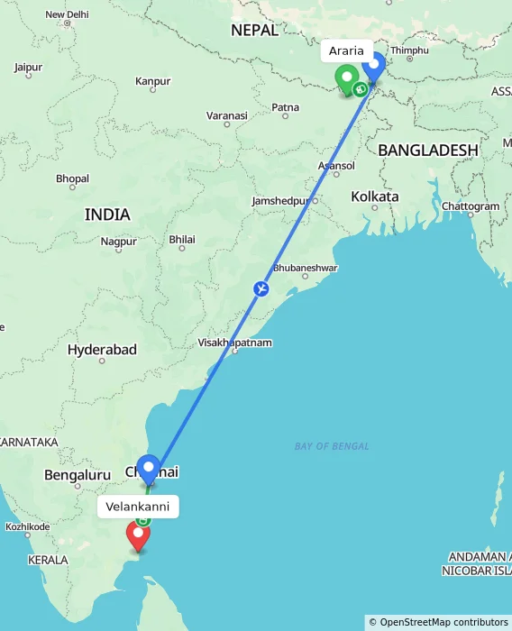 Route map showing distance and travel time from Araria, India to Velankanni, India