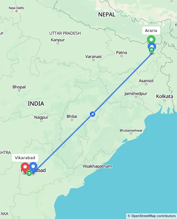 Route map showing distance and travel time from Araria, India to Vikarabad, India