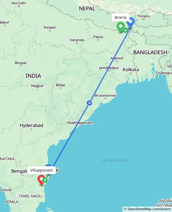 Route map showing distance and travel time from Araria, India to Viluppuram, India