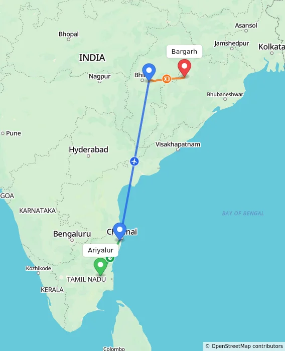 Route map showing distance and travel time from Ariyalur, India to Bargarh, India