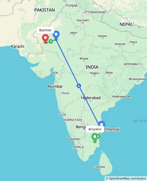 Route map showing distance and travel time from Ariyalur, India to Barmer, India