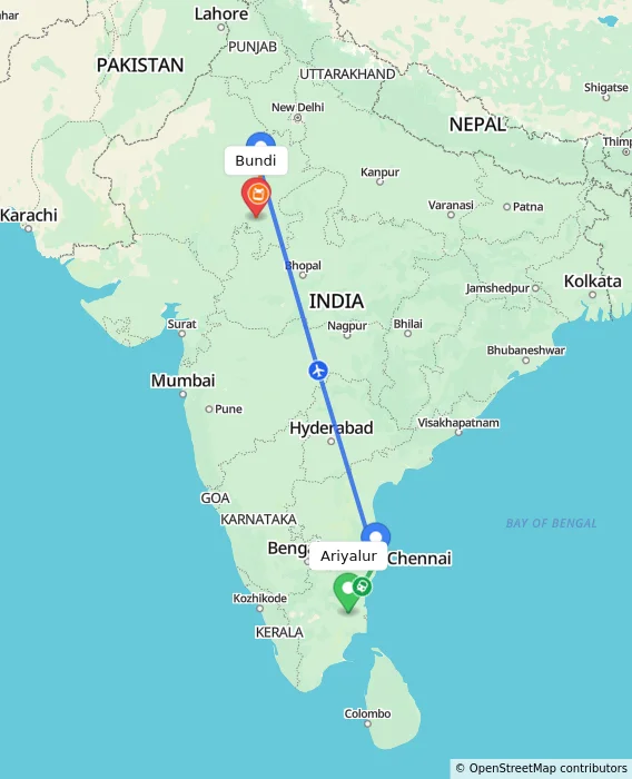 Route map showing distance and travel time from Ariyalur, India to Bundi, India
