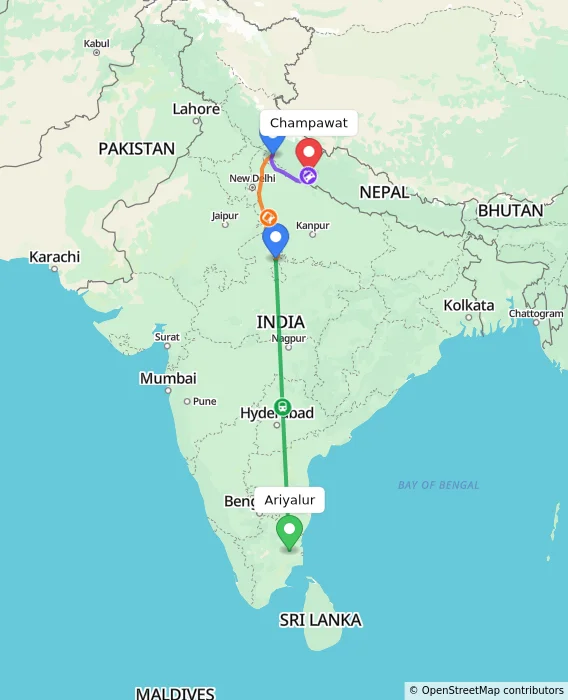 Route map showing distance and travel time from Ariyalur, India to Champawat, India