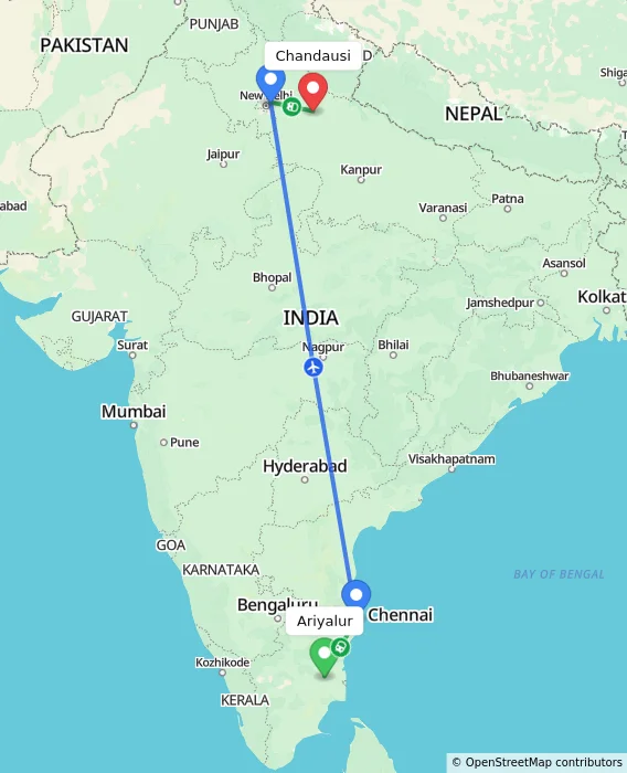 Route map showing distance and travel time from Ariyalur, India to Chandausi, India