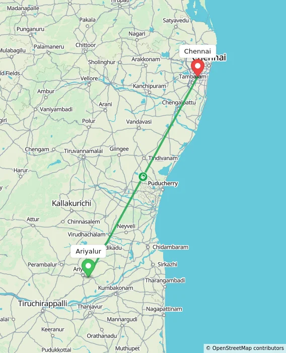 Route map showing distance and travel time from Ariyalur, India to Chennai, India