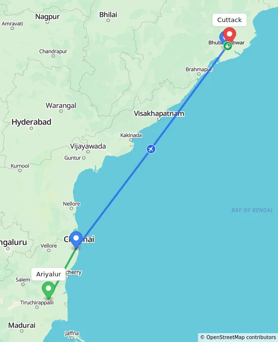 Route map showing distance and travel time from Ariyalur, India to Cuttack, India