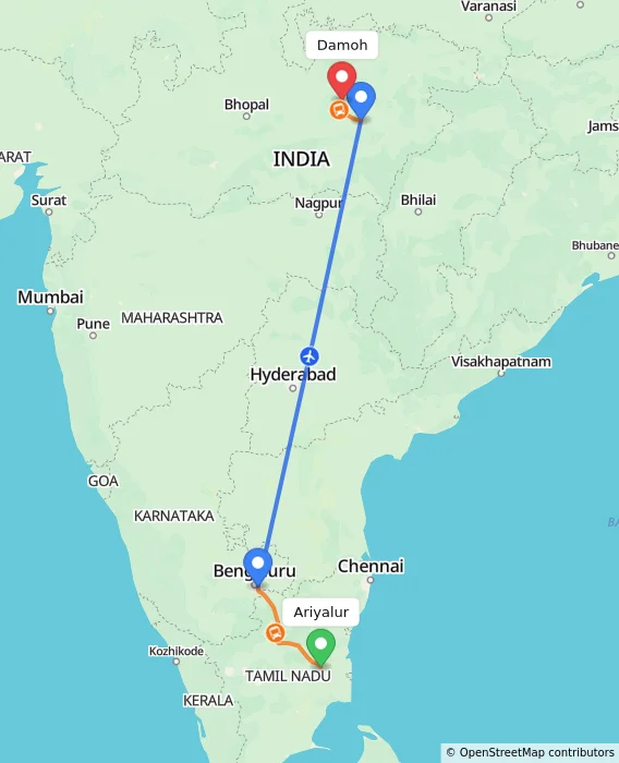 Route map showing distance and travel time from Ariyalur, India to Damoh, India