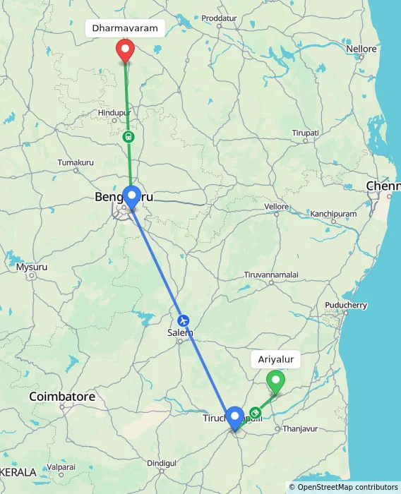 Route map showing distance and travel time from Ariyalur, India to Dharmavaram, India
