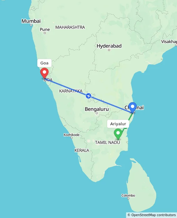 Route map showing distance and travel time from Ariyalur, India to Goa, India