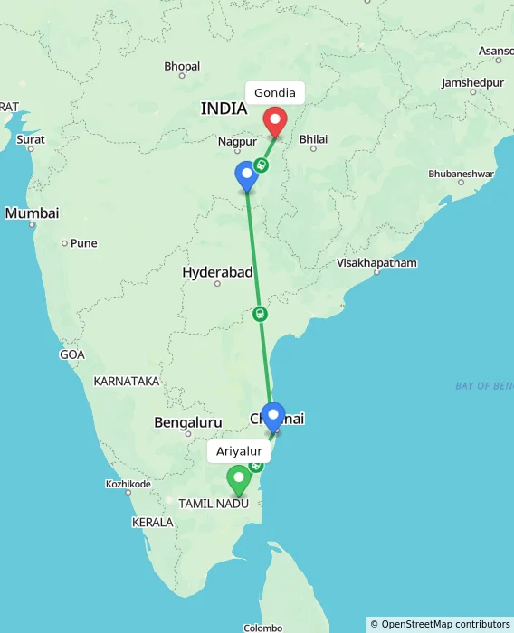 Route map showing distance and travel time from Ariyalur, India to Gondia, India