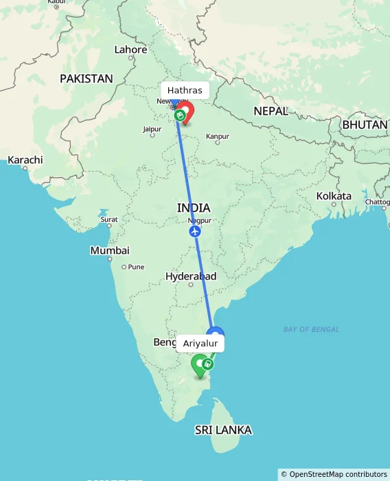 Route map showing distance and travel time from Ariyalur, India to Hathras, India