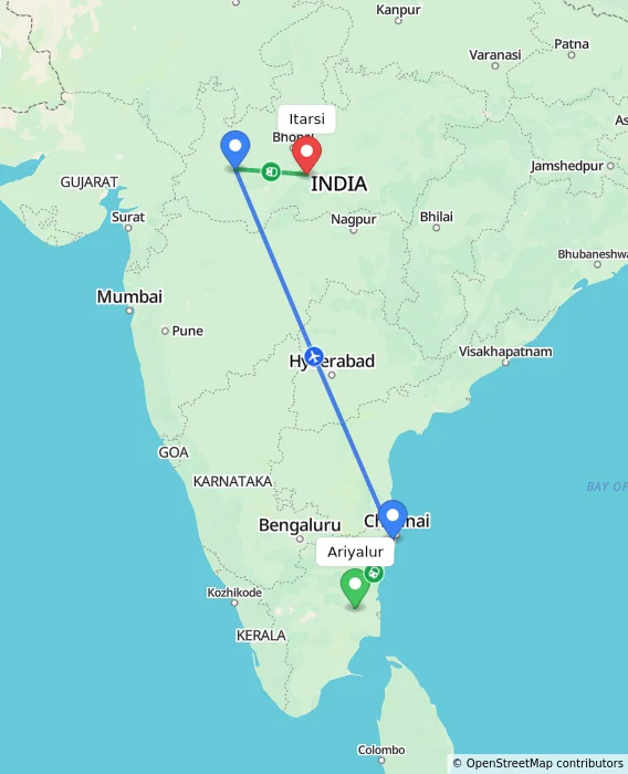 Route map showing distance and travel time from Ariyalur, India to Itarsi, India