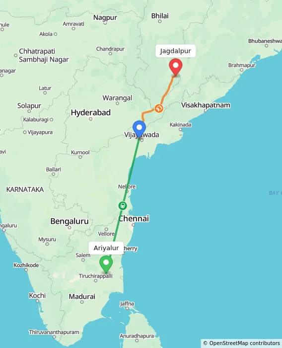 Route map showing distance and travel time from Ariyalur, India to Jagdalpur, India