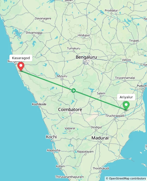 Route map showing distance and travel time from Ariyalur, India to Kasaragod, India