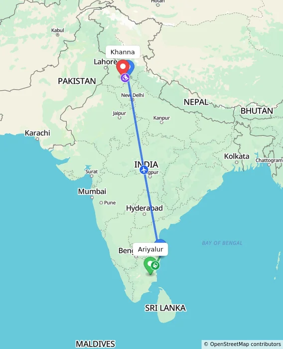 Route map showing distance and travel time from Ariyalur, India to Khanna, India