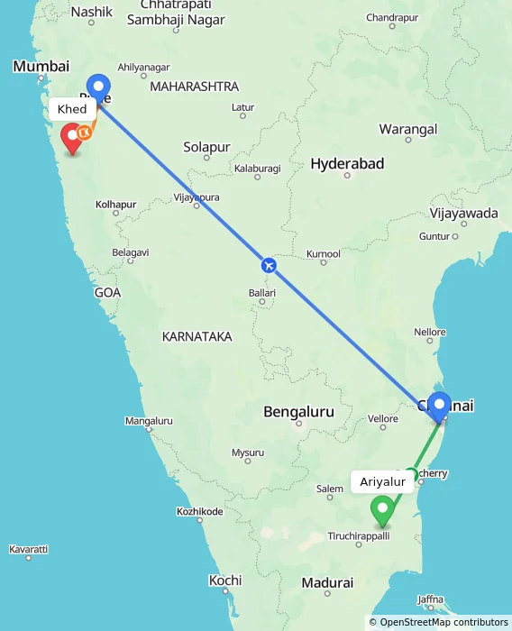 Route map showing distance and travel time from Ariyalur, India to Khed, India