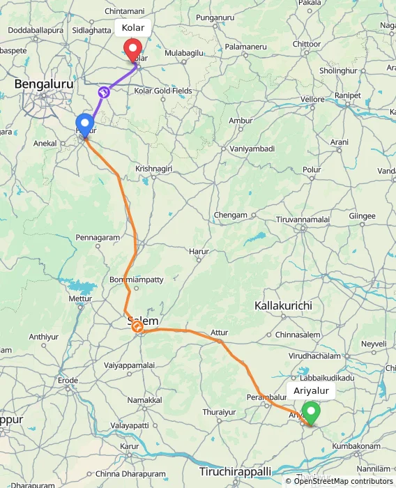 Route map showing distance and travel time from Ariyalur, India to Kolar, India