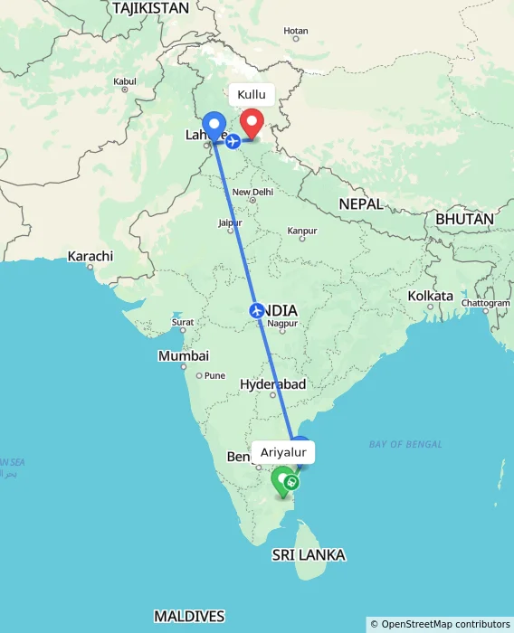 Route map showing distance and travel time from Ariyalur, India to Kullu, India
