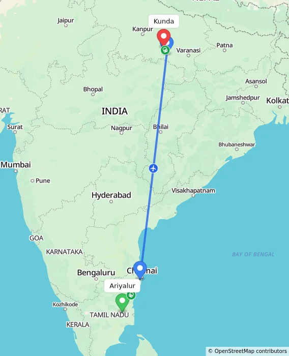 Route map showing distance and travel time from Ariyalur, India to Kunda, India