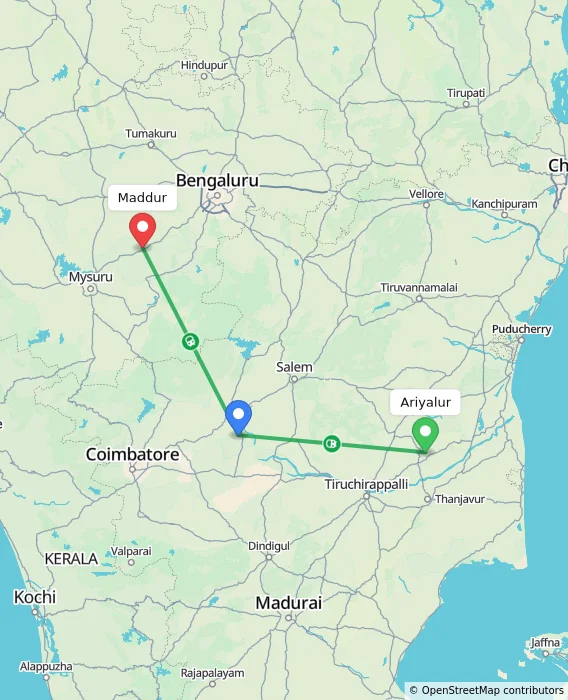 Route map showing distance and travel time from Ariyalur, India to Maddur, India