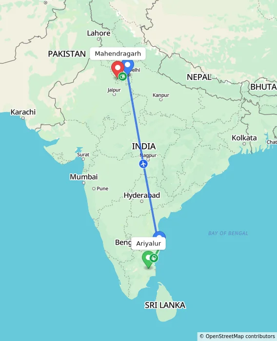 Route map showing distance and travel time from Ariyalur, India to Mahendragarh, India