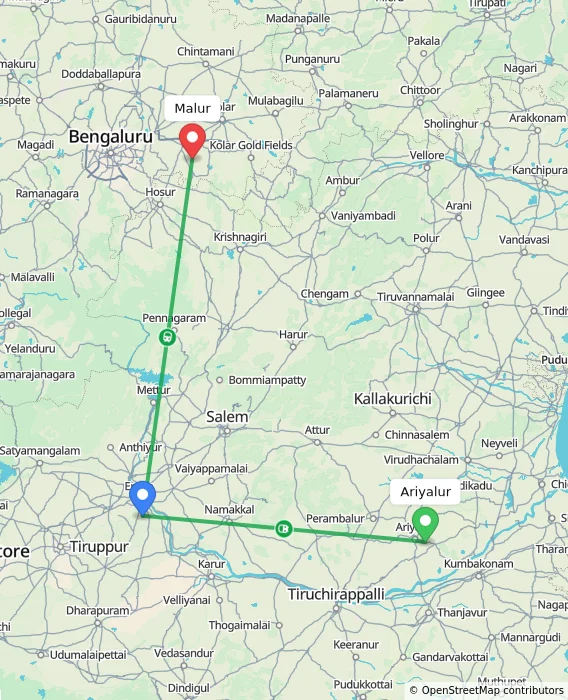 Route map showing distance and travel time from Ariyalur, India to Malur, India