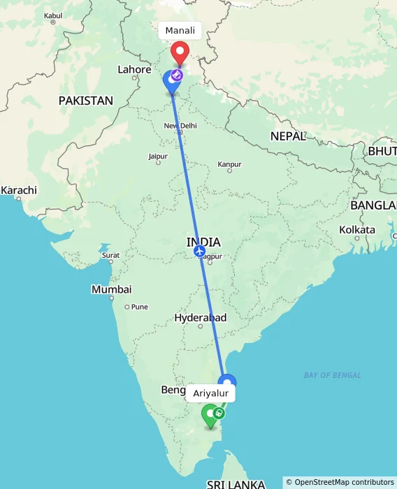 Route map showing distance and travel time from Ariyalur, India to Manali, India