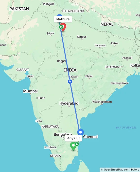 Route map showing distance and travel time from Ariyalur, India to Mathura, India