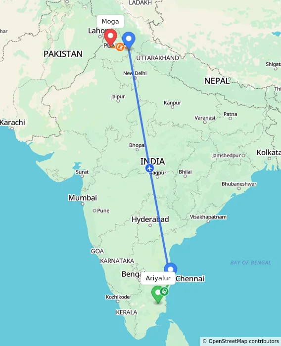 Route map showing distance and travel time from Ariyalur, India to Moga, India