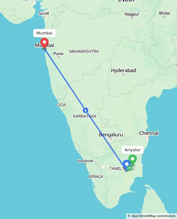Route map showing distance and travel time from Ariyalur, India to Mumbai, India